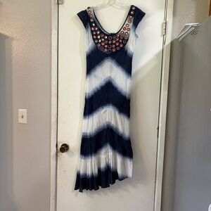 Calypso St. Barth Blue White Tie Dye Dress Midi Vacation Mirror Beaded Stripe L